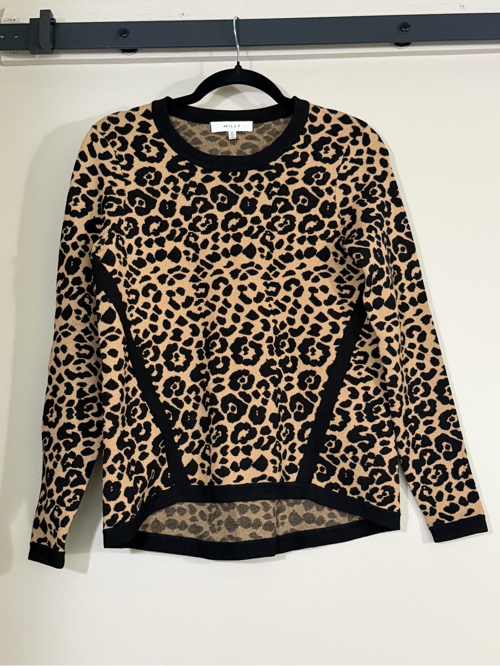 MILLY Leopard Print Crewneck Sweater - Black & Tan, sz Petite
